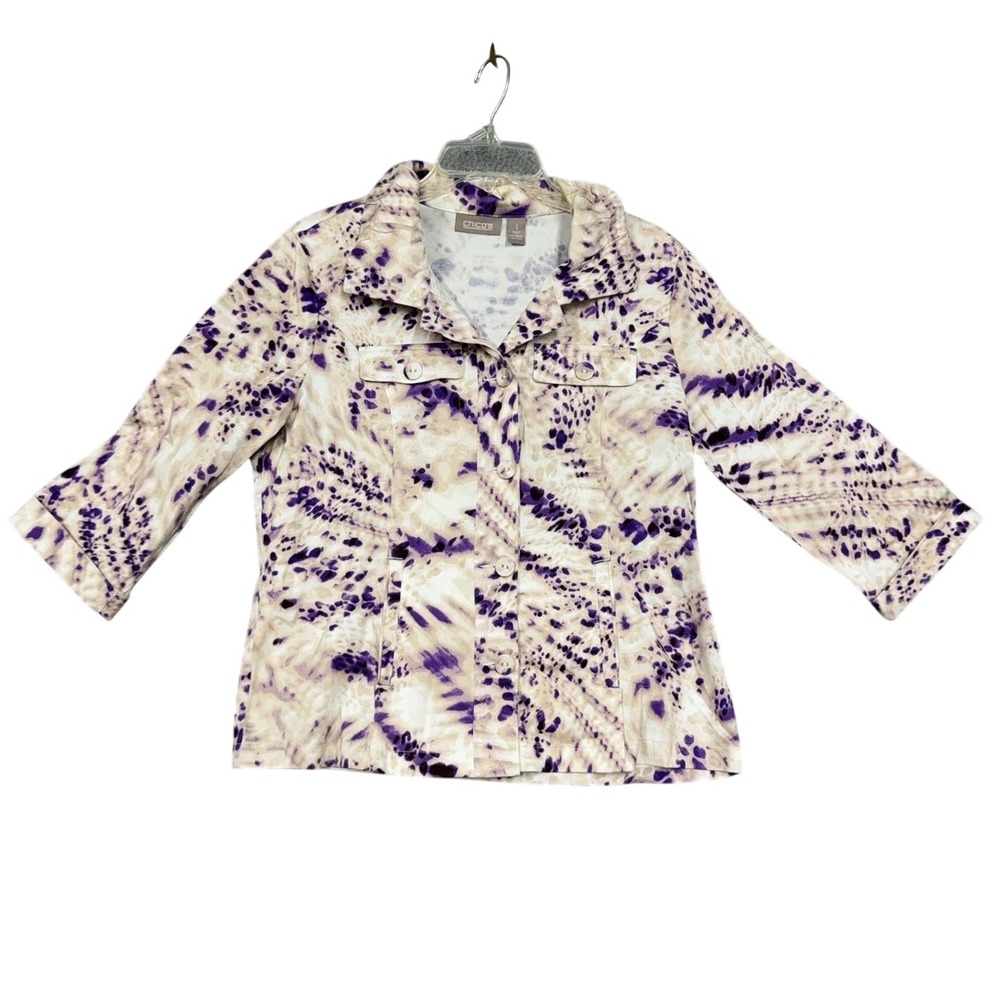 Chico's Jacket Womens 1 Beige Purple Animal Print Button 3/4 Sleeve Stretch
